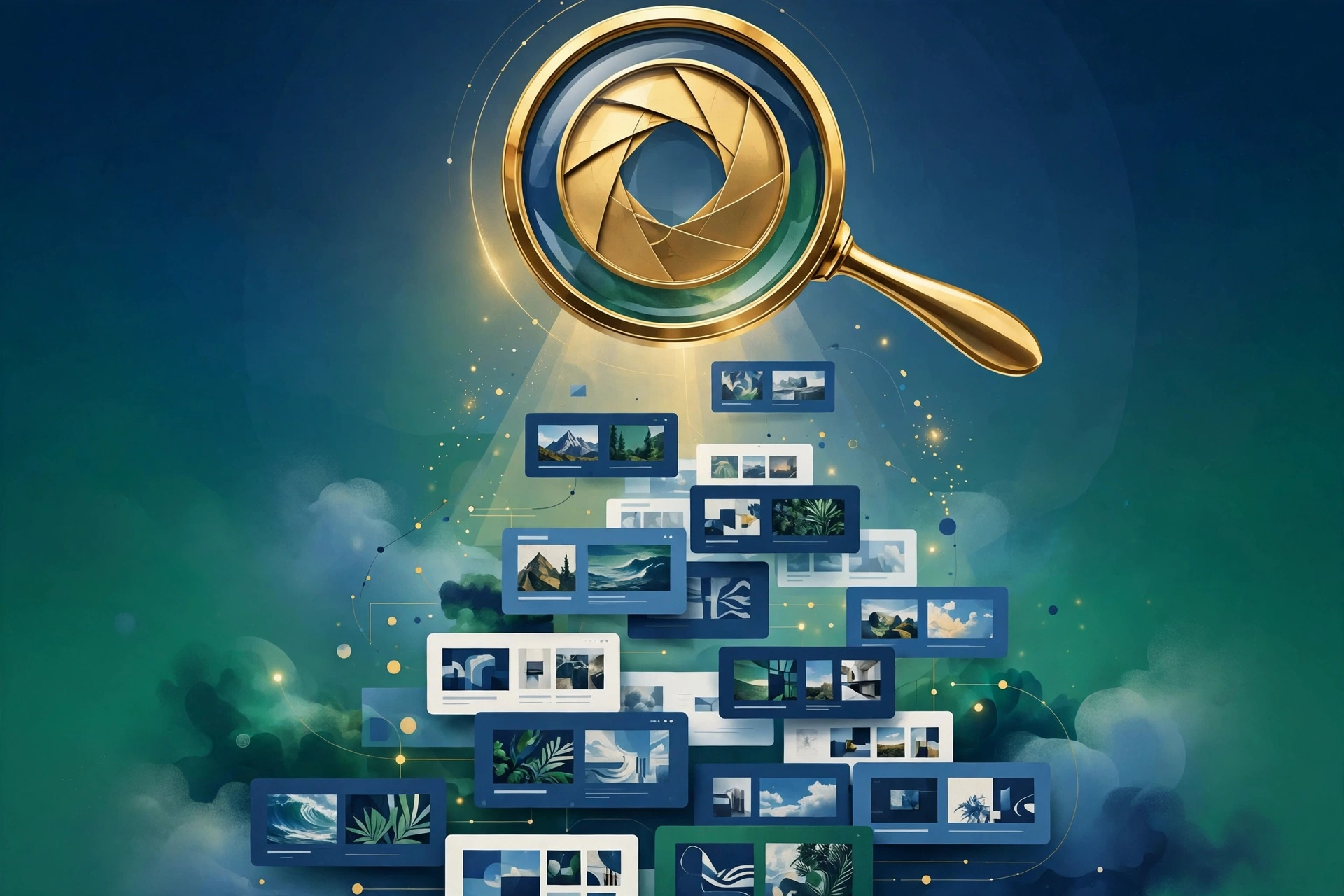 Website image thumbnails rising through a search lens, showing how pages get discovered through image-led search