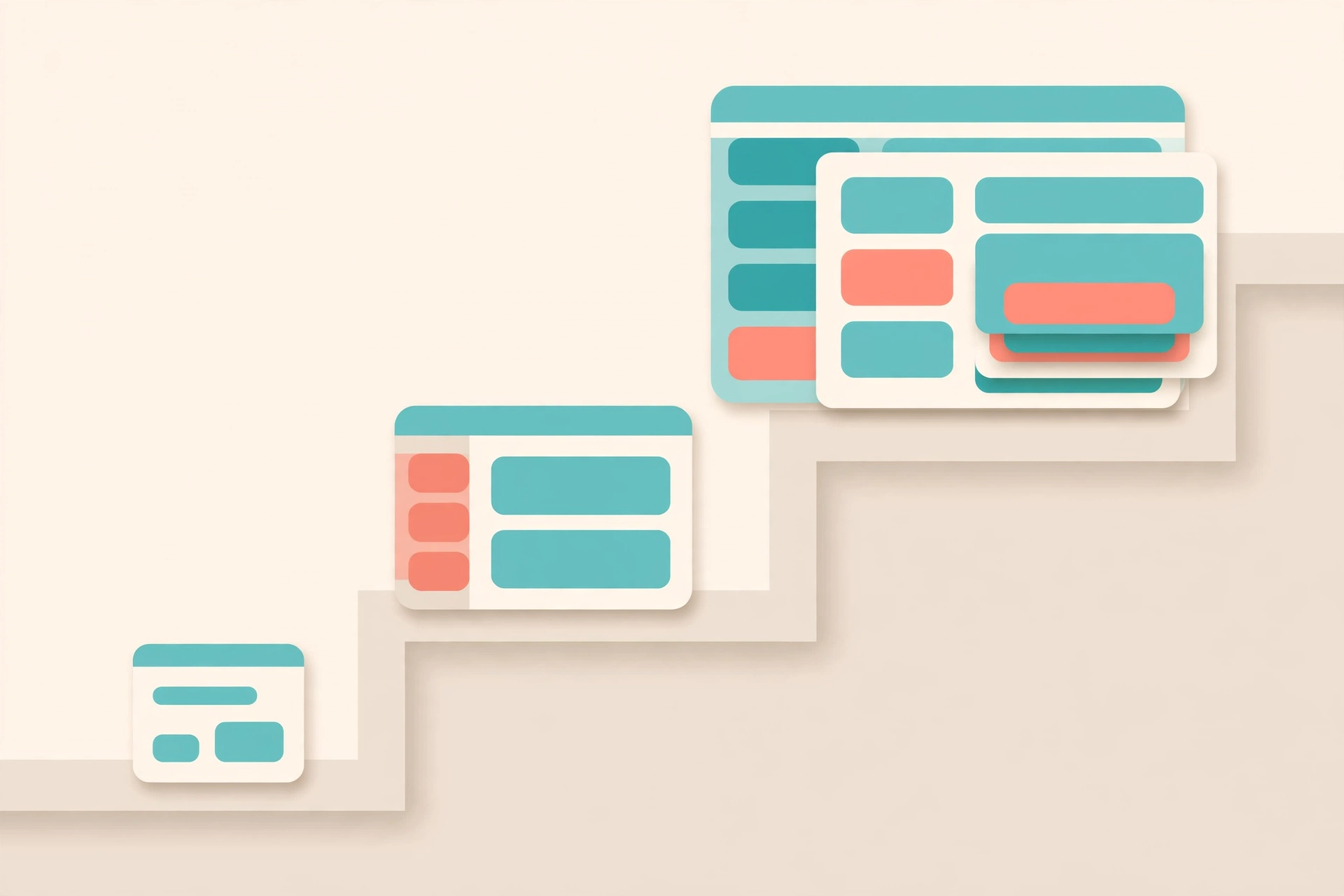 Three tiers of website complexity, from a simple landing page to a full custom build