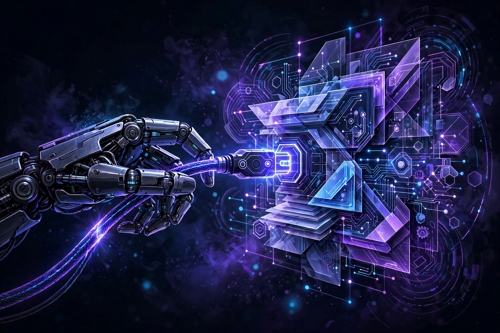 A robot hand plugging a glowing connector into layered website panels, representing a site exposing tools to AI agents