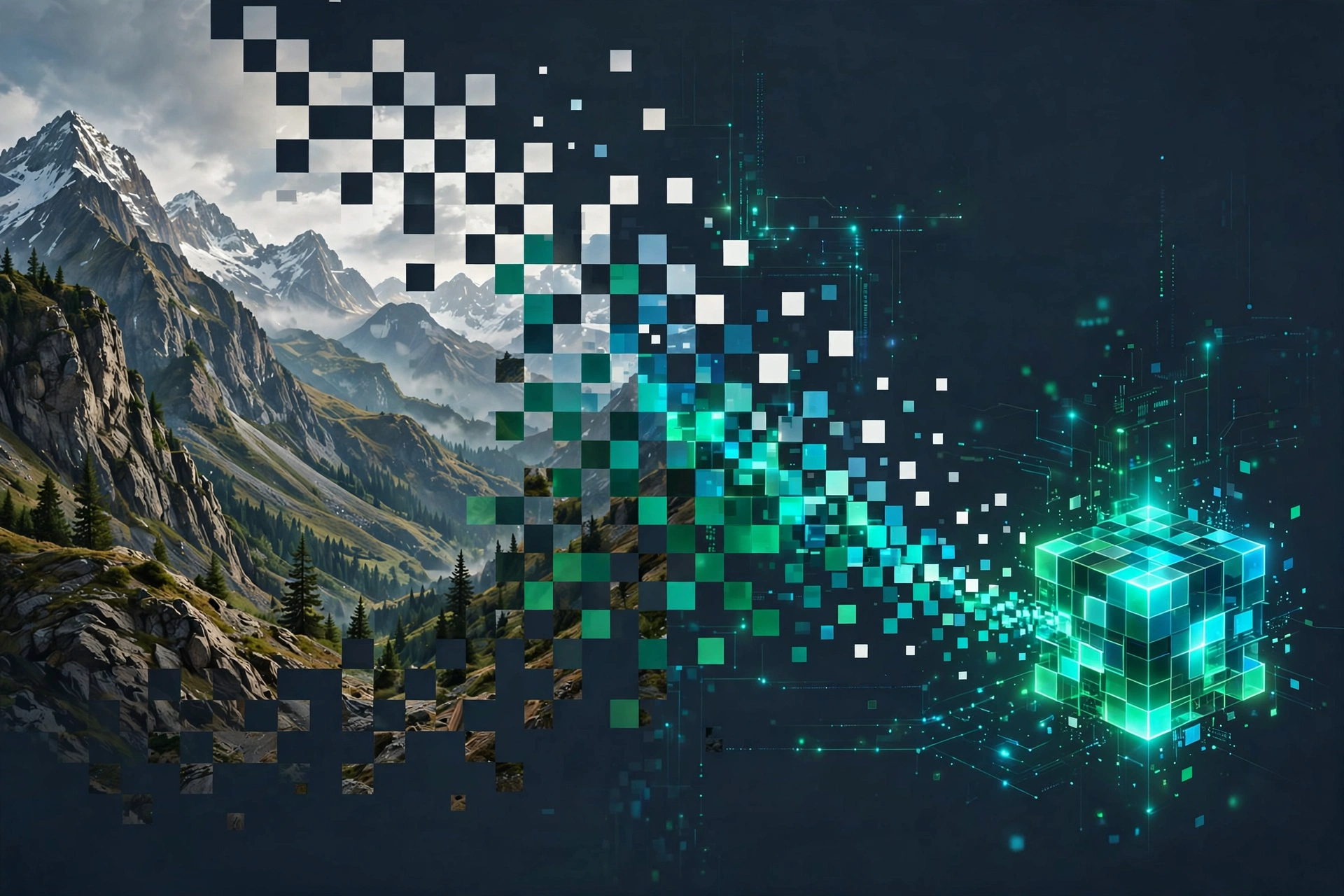 A mountain photograph fragmenting into geometric pixels that reassemble into a smaller glowing cube, representing next-generation image compression