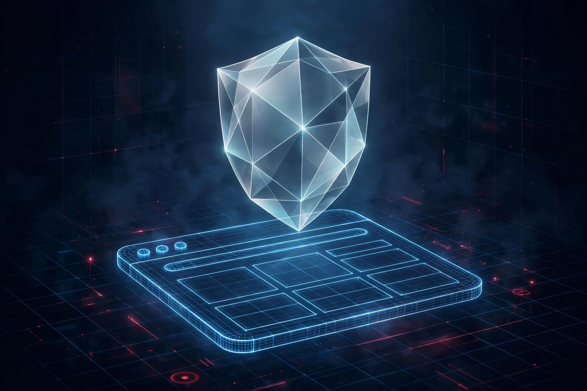 Abstract illustration of a translucent legal shield hovering over a wireframe browser window, representing website legal risk and protection