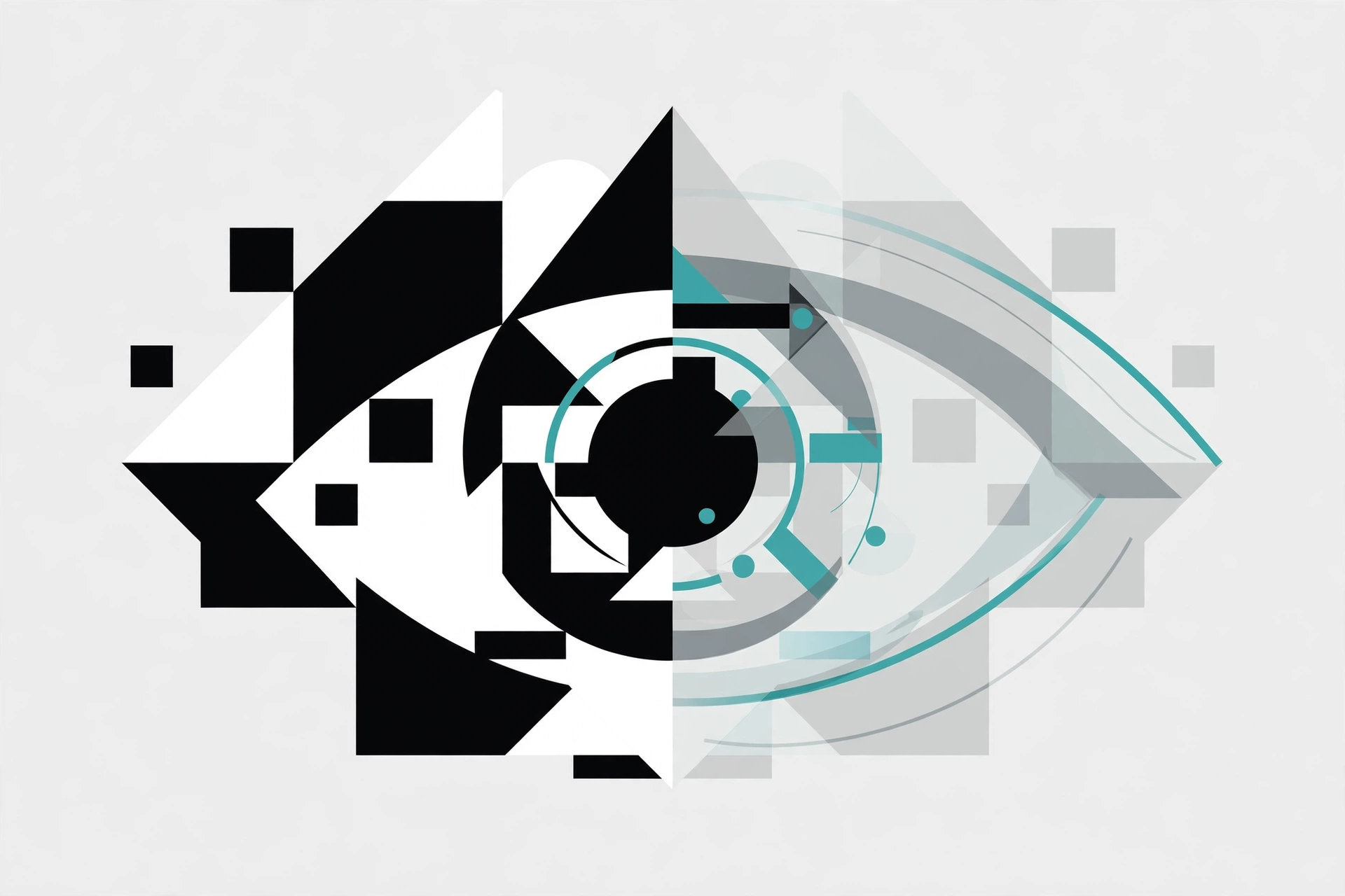 Stylised eye in high-contrast black and white shapes, one side fading to washed-out grey, representing visual contrast in design