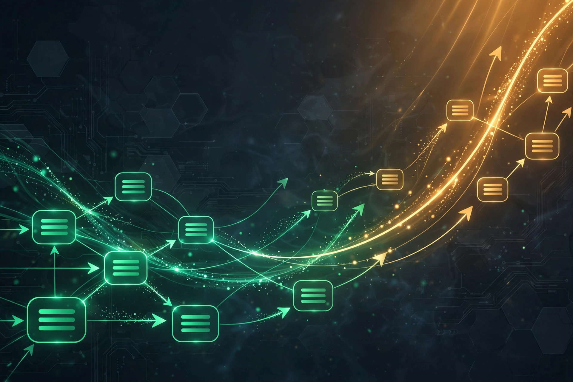 Abstract network of web pages connected by glowing redirect lines with a rising growth curve