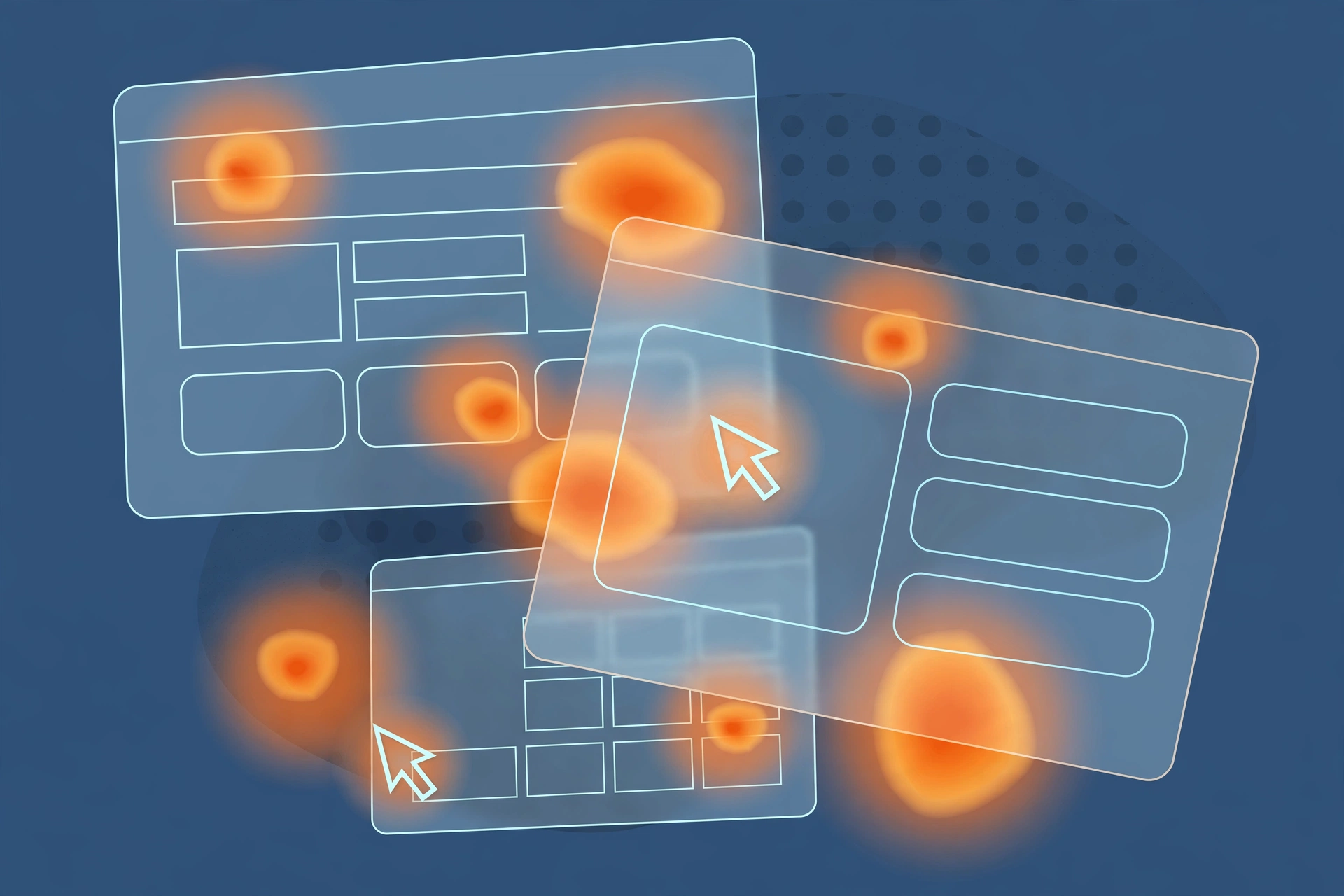 A usability reviewer examining overlapping browser windows and wireframes with glowing heatmap-style attention zones