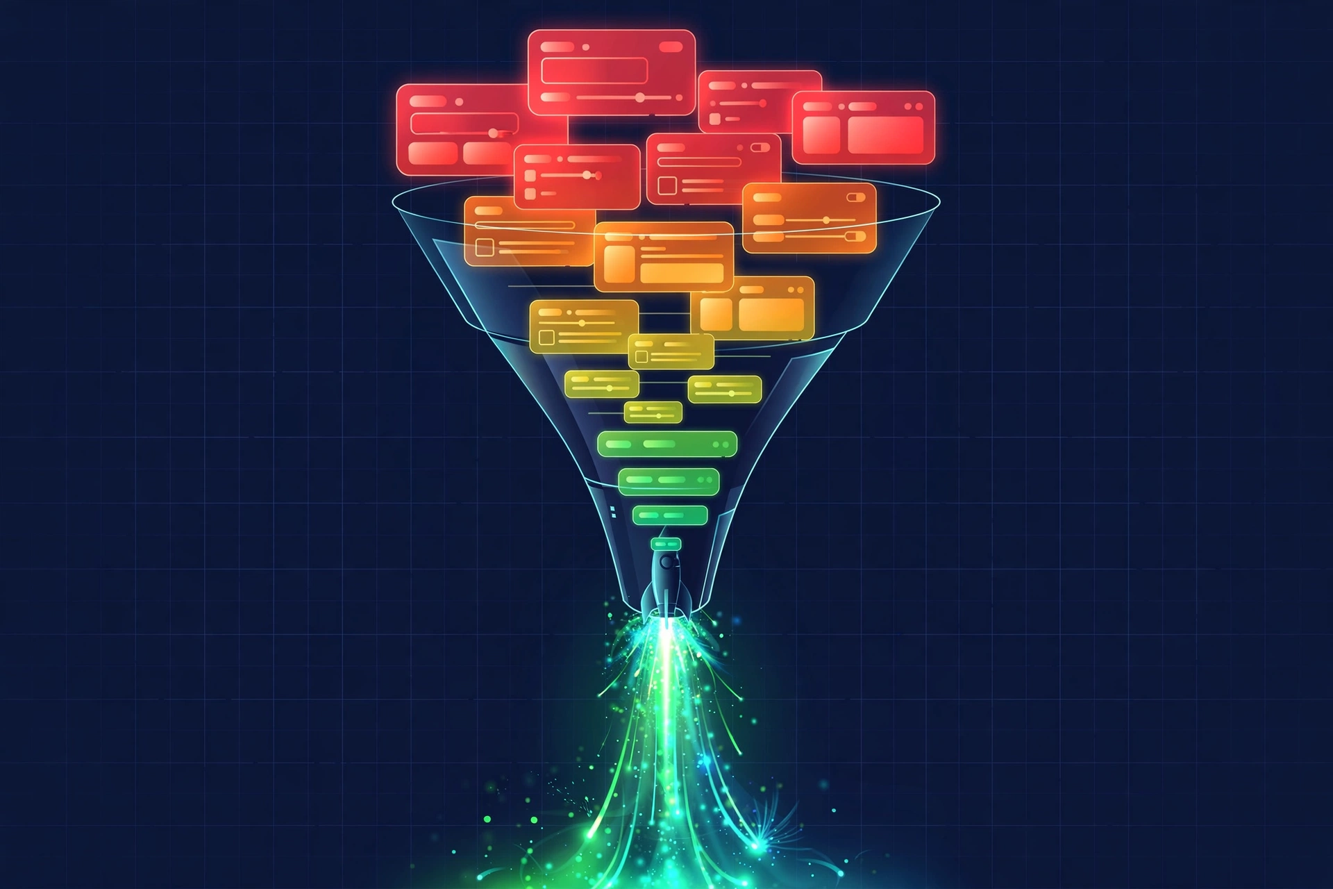 A conversion funnel turning layers of prioritised UX findings into an upward launch path