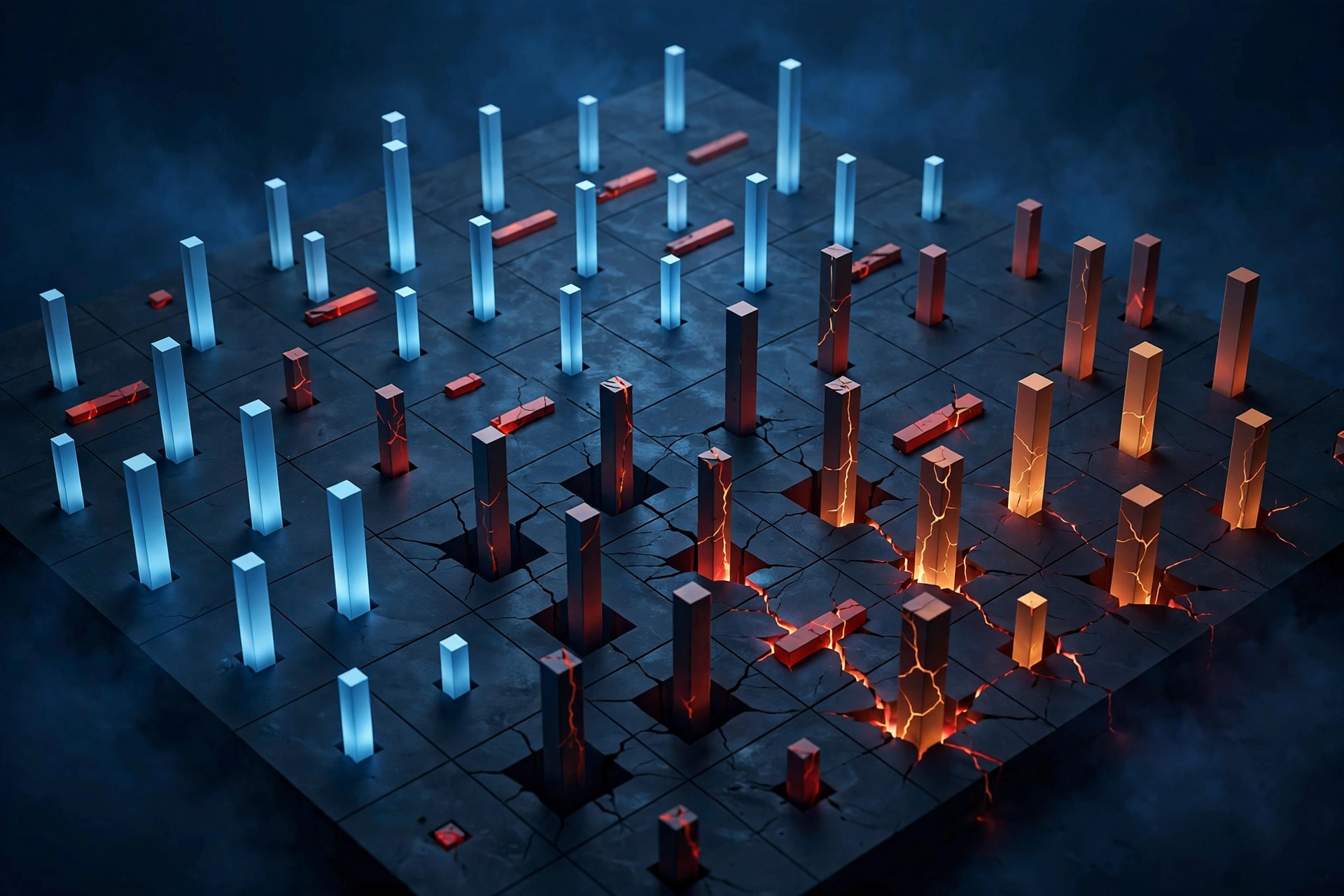 Abstract artwork of sinking data pillars representing 2026 SaaS shutdown statistics