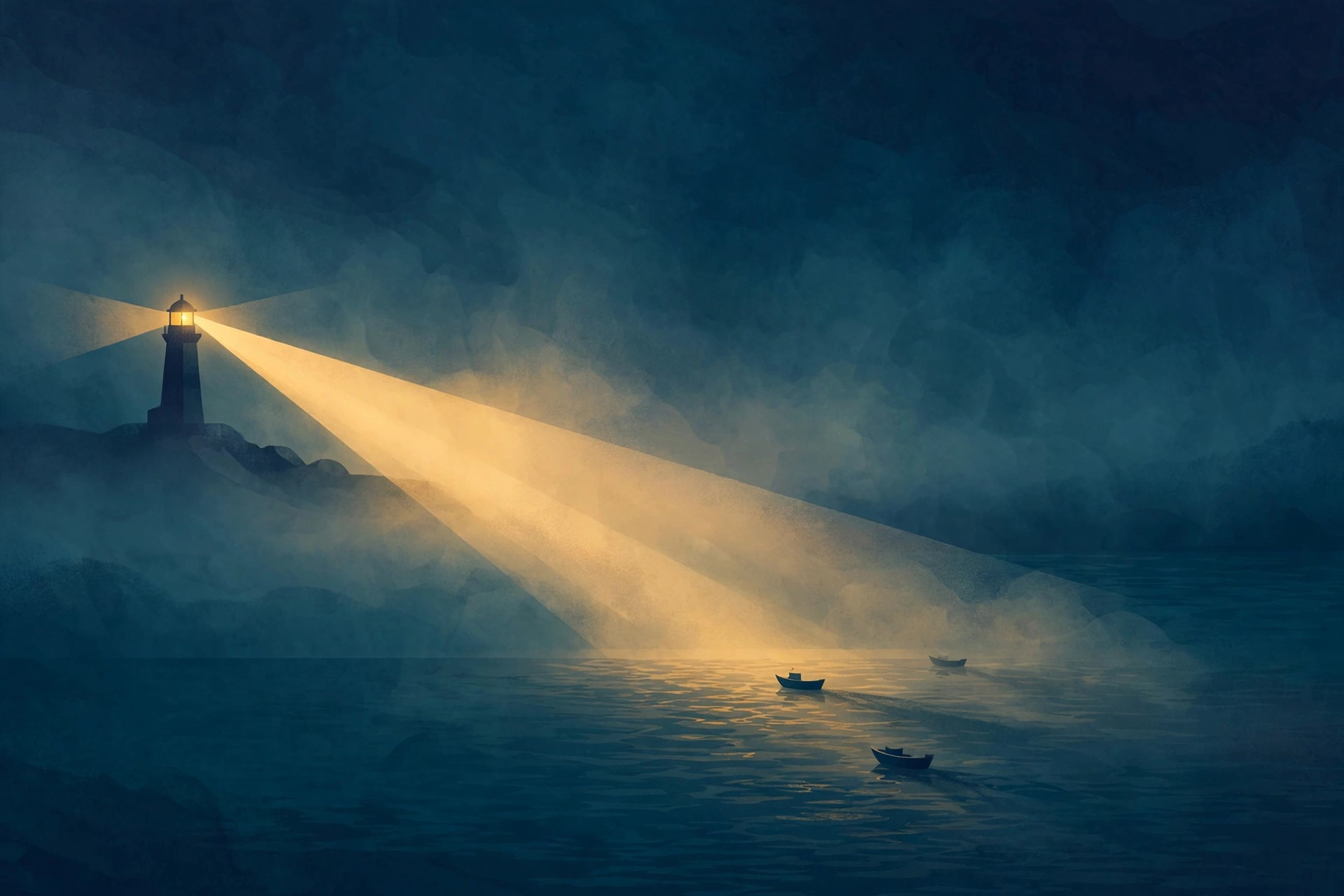 Abstract illustration of a lighthouse beam guiding boats through fog, symbolising the SaaS survival playbook